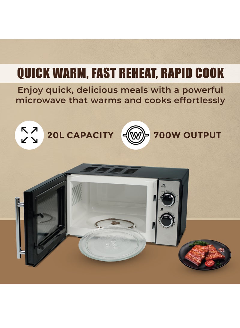 SPJ Microwave Oven 20L, 700W With 6 Power Levels, Child-Safety-Lock, Defrost Function, 30 Minutes Timer, Express Cook, Easy to Use, Best for Home & Office, Colour - BLACK, MWBLU-20L002