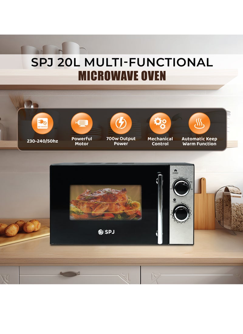 SPJ Microwave Oven 20L, 700W With 6 Power Levels, Child-Safety-Lock, Defrost Function, 30 Minutes Timer, Express Cook, Easy to Use, Best for Home & Office, Colour - BLACK, MWBLU-20L002