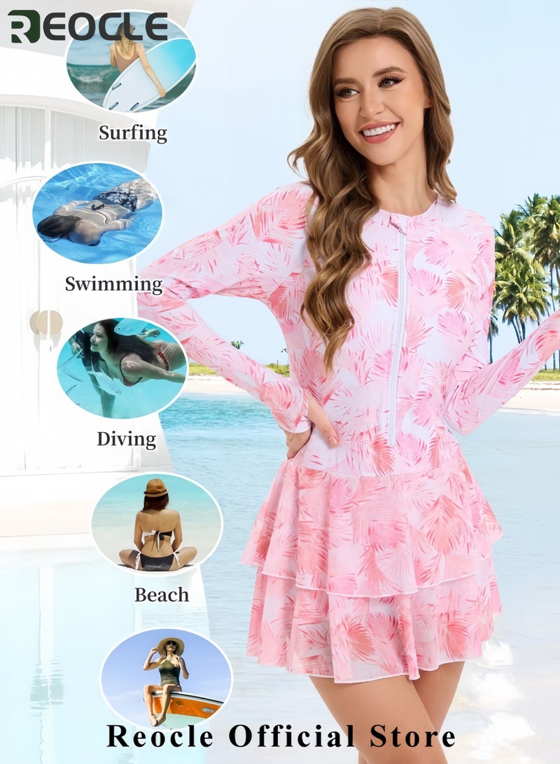 REOCLE Womens Rash Guard Long Sleeve UPF 50+ Zip Up One Piece Swimsuits with Shorts Modest Swim Dress with Built in Bra  - Image 5