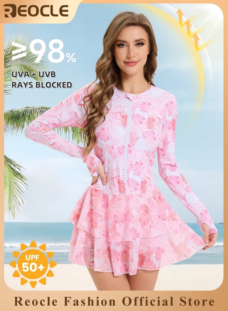 REOCLE Womens Rash Guard Long Sleeve UPF 50+ Zip Up One Piece Swimsuits with Shorts Modest Swim Dress with Built in Bra  - Image 1