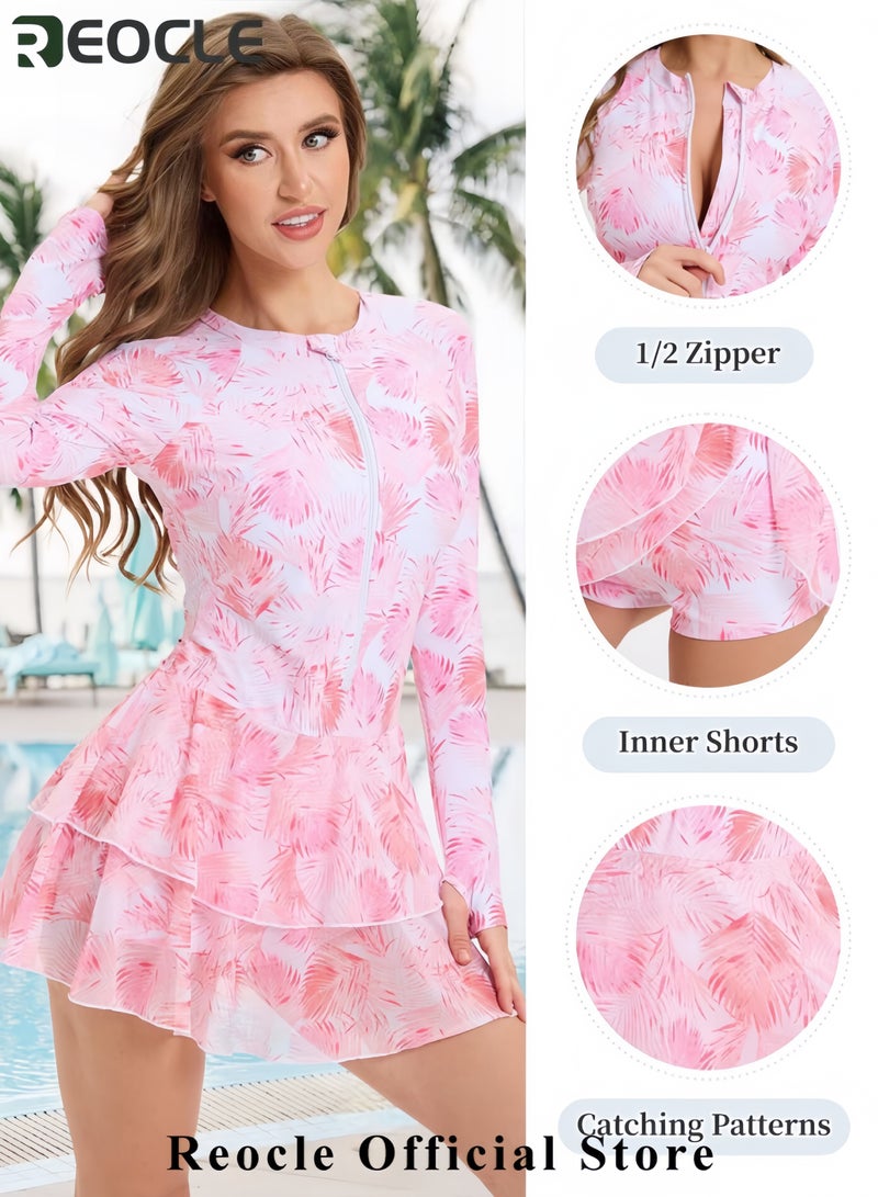 REOCLE Womens Rash Guard Long Sleeve UPF 50+ Zip Up One Piece Swimsuits with Shorts Modest Swim Dress with Built in Bra  - Image 4