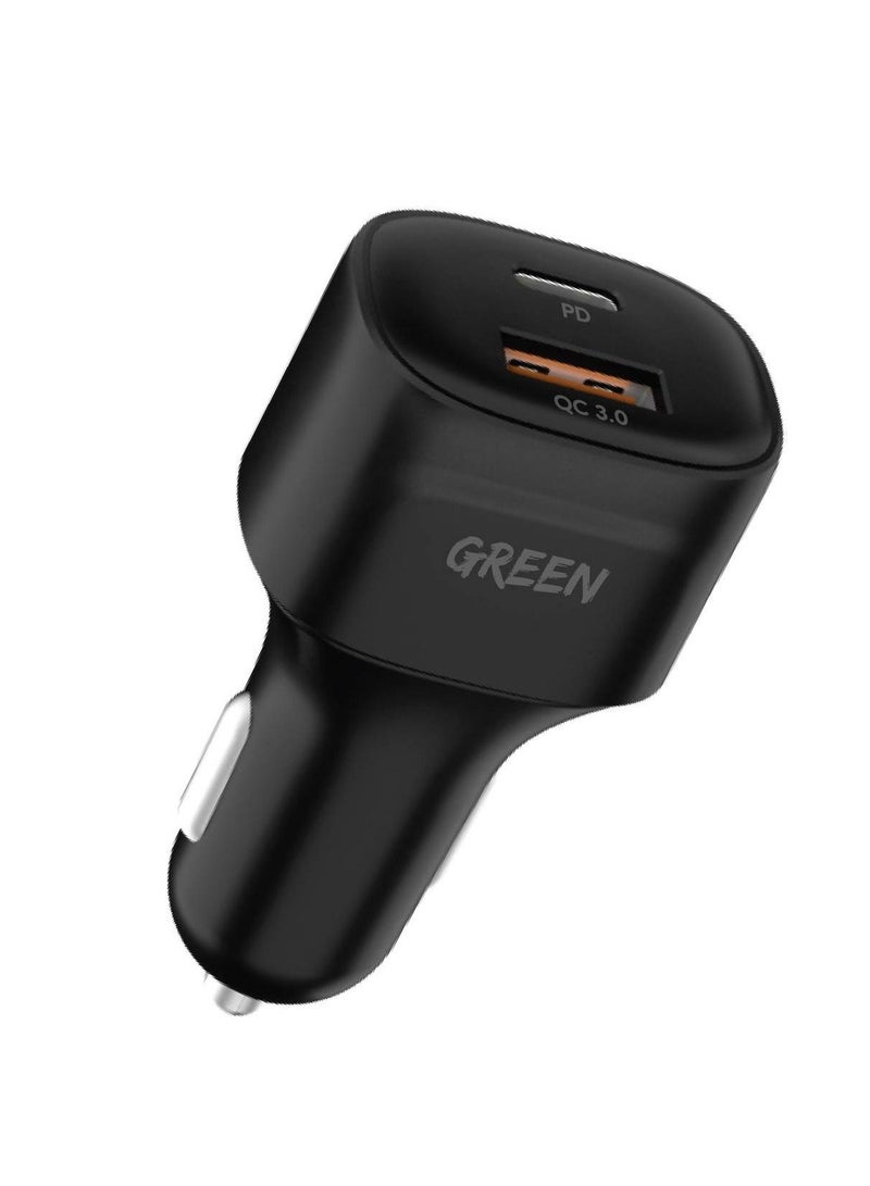 Green Dual Port Car Charger PD+QC3.0 20W Fast Charging Ultra-Fast Sync Charge Cable - Image 1