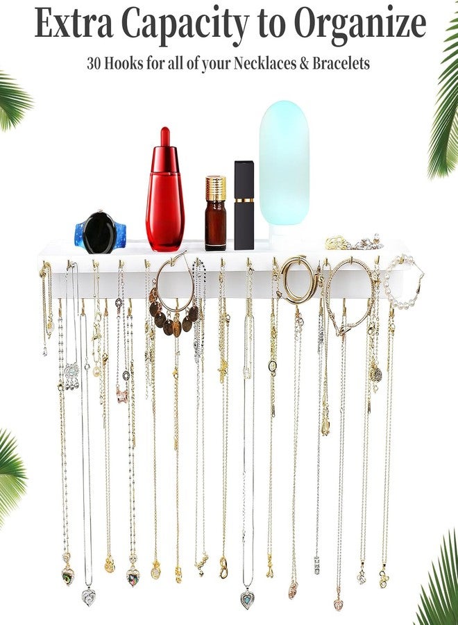 YYILIS Necklace Holder, Upgraded Extra Large Wall Necklace Organizer with 30 Hooks Wall Mounted Necklace Hanger with Jewelry Tray/Cosmetics Shelf Rustic Pine Wood Holder (White) - Image 2