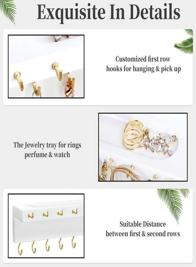 YYILIS Necklace Holder, Upgraded Extra Large Wall Necklace Organizer with 30 Hooks Wall Mounted Necklace Hanger with Jewelry Tray/Cosmetics Shelf Rustic Pine Wood Holder (White) - Image 3