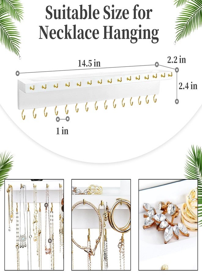 YYILIS Necklace Holder, Upgraded Extra Large Wall Necklace Organizer with 30 Hooks Wall Mounted Necklace Hanger with Jewelry Tray/Cosmetics Shelf Rustic Pine Wood Holder (White) - Image 4