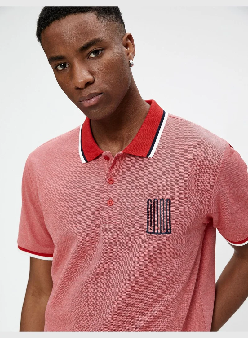 كوتون Polo Neck T-Shirt Buttoned Slogan Embroidered Slim Fit Short Sleeve