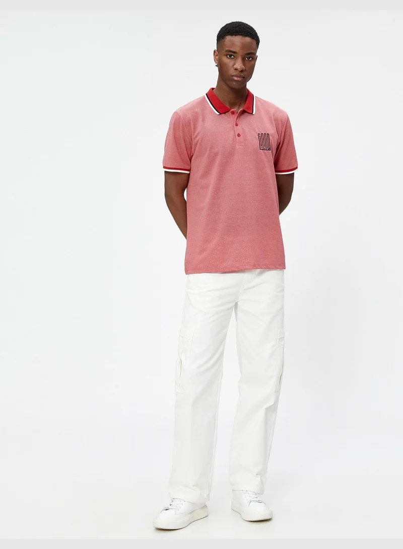 كوتون Polo Neck T-Shirt Buttoned Slogan Embroidered Slim Fit Short Sleeve