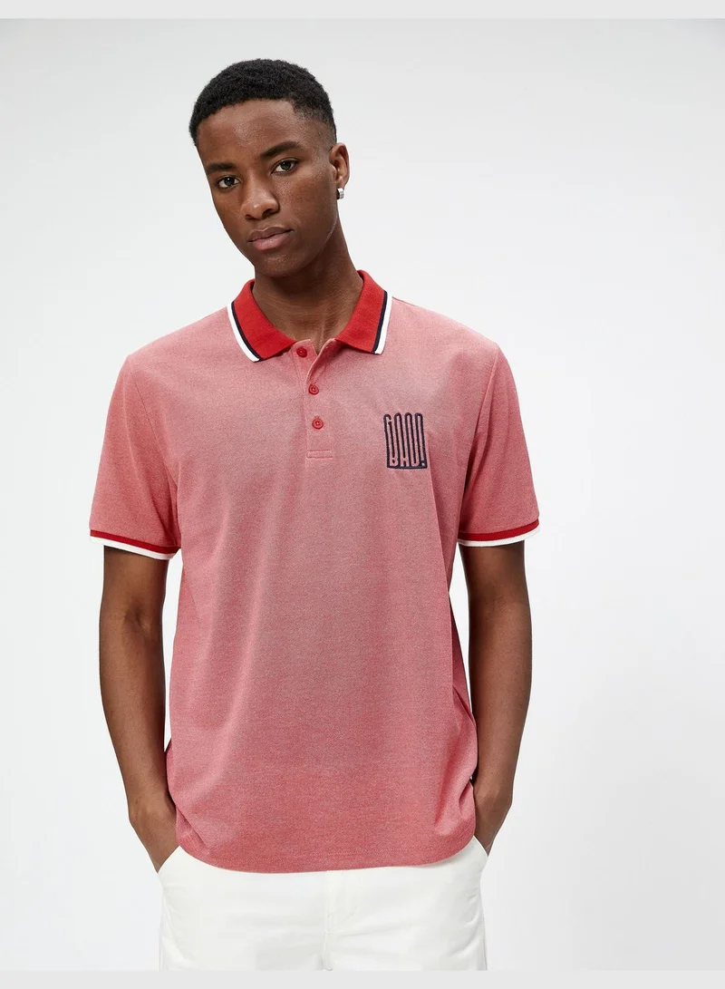 كوتون Polo Neck T-Shirt Buttoned Slogan Embroidered Slim Fit Short Sleeve