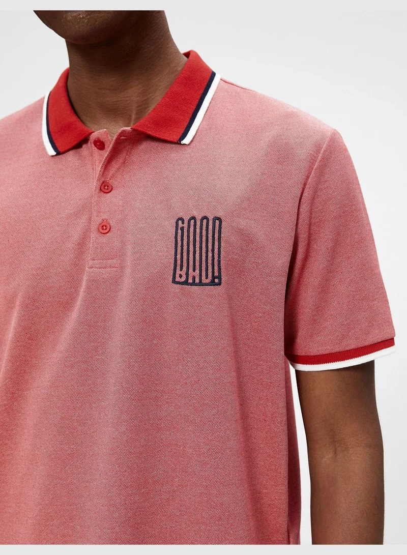 كوتون Polo Neck T-Shirt Buttoned Slogan Embroidered Slim Fit Short Sleeve