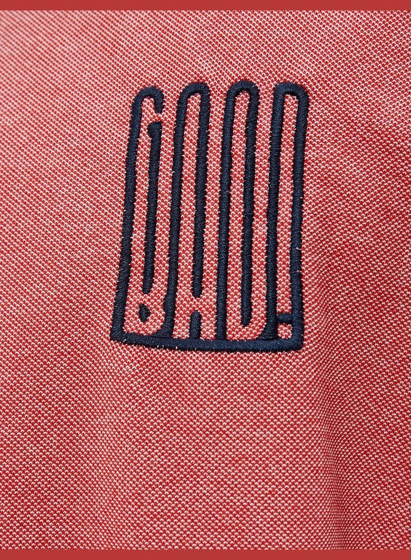 كوتون Polo Neck T-Shirt Buttoned Slogan Embroidered Slim Fit Short Sleeve