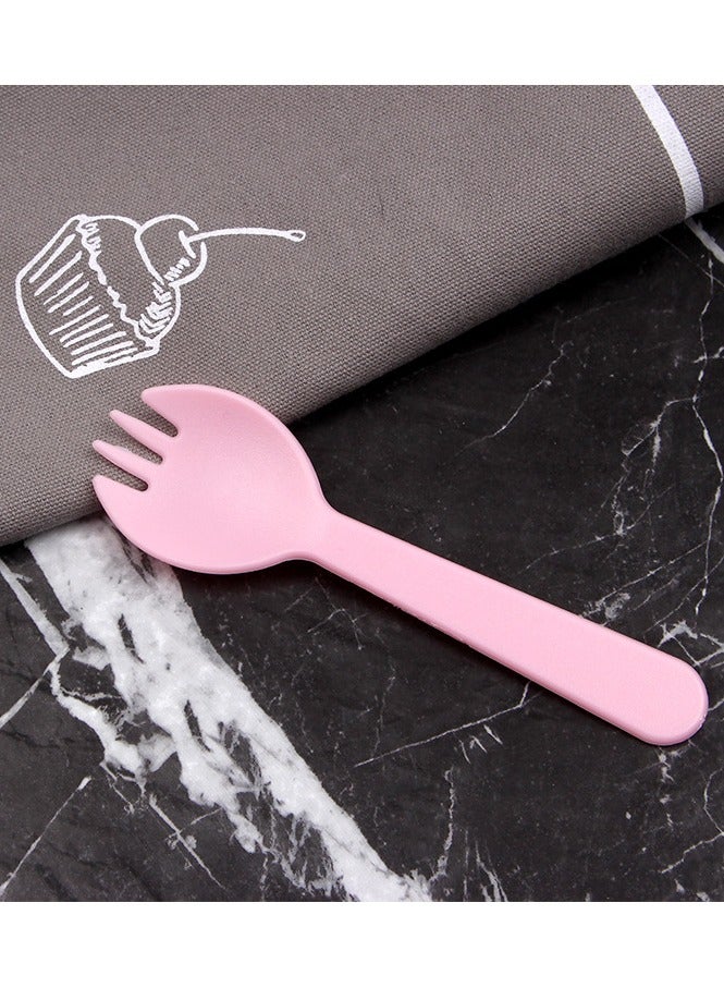 Individually Wrapped Disposable Fruit Forks and Spoons ,Plastic Spoon,2 in 1 Dessert Forks and Spoons Cake Cutlery Forks and Spoons Portable Food Grade Forks and Spoons Suitable for Banquets and Parties (100 pcs) Pink and Yellow Size 11.4cm x 3.2cm  - Image 3