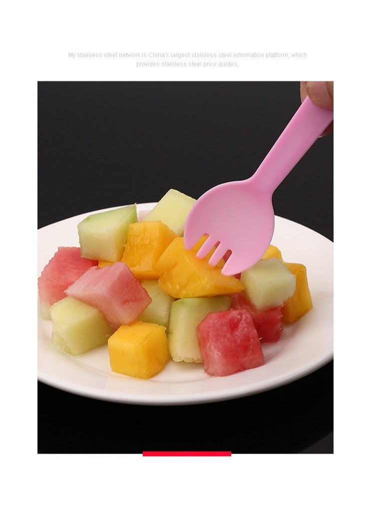 Individually Wrapped Disposable Fruit Forks and Spoons ,Plastic Spoon,2 in 1 Dessert Forks and Spoons Cake Cutlery Forks and Spoons Portable Food Grade Forks and Spoons Suitable for Banquets and Parties (100 pcs) Pink and Yellow Size 11.4cm x 3.2cm  - Image 4
