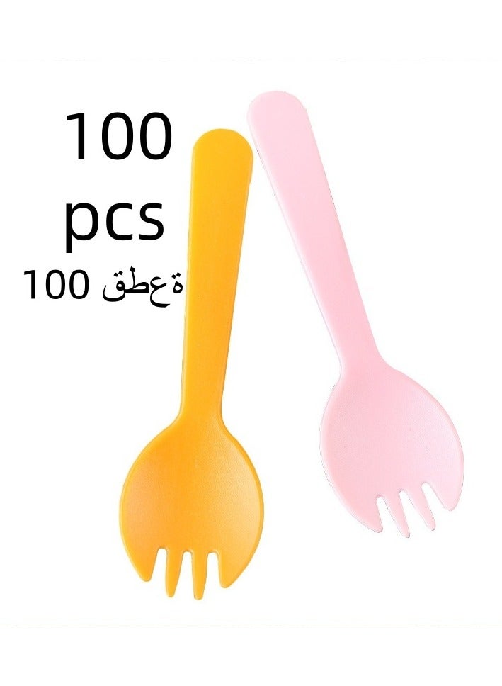 Individually Wrapped Disposable Fruit Forks and Spoons ,Plastic Spoon,2 in 1 Dessert Forks and Spoons Cake Cutlery Forks and Spoons Portable Food Grade Forks and Spoons Suitable for Banquets and Parties (100 pcs) Pink and Yellow Size 11.4cm x 3.2cm  - Image 1