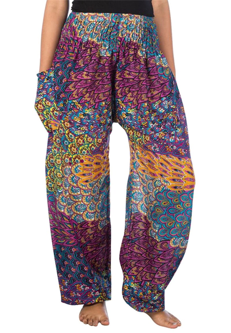 LOFBAZ Harem Pants for Women Yoga Boho Hippie Clothing Palazzo Bohemian Beach Maternity Pajama Plus Size Gypsy Travel Clothes Peacock 1 Purple 4XL - Image 1