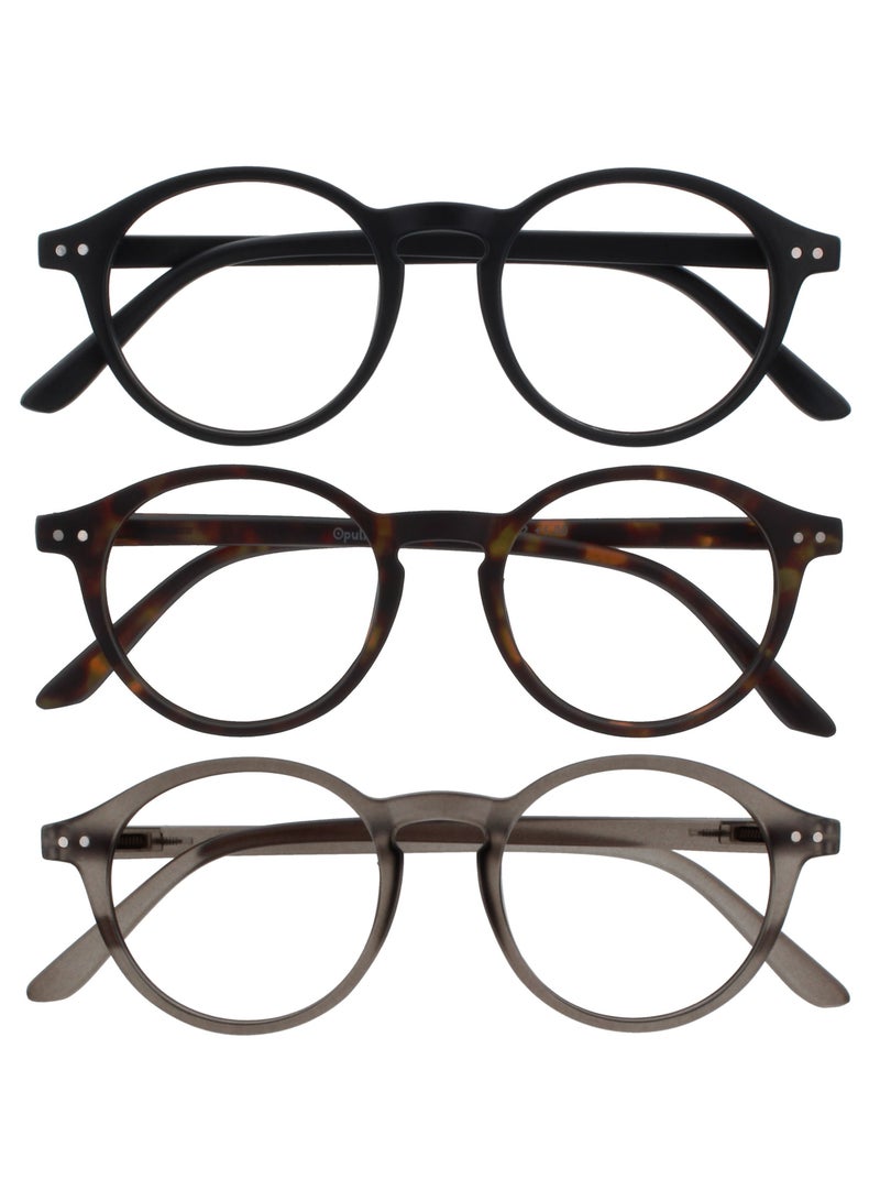 OPULIZE REY Reading Glasses for Women Men, Retro Round Frame with Spring Hinges, Matte Black, Brown Tortoiseshell, Grey +2.00 (Pack of 3) - Image 1