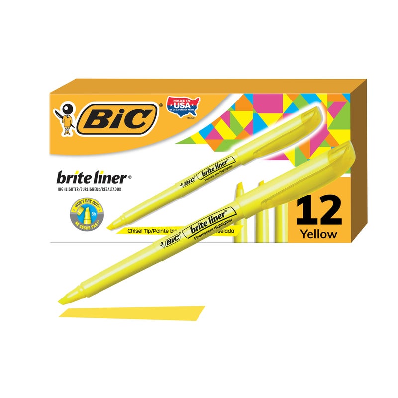 BIC Brite Liner Highlighters, Chisel Tip, 12-Count Pack of Yellow Highlighters, Ideal Highlighter Set for Organizing and Coloring - Image 1