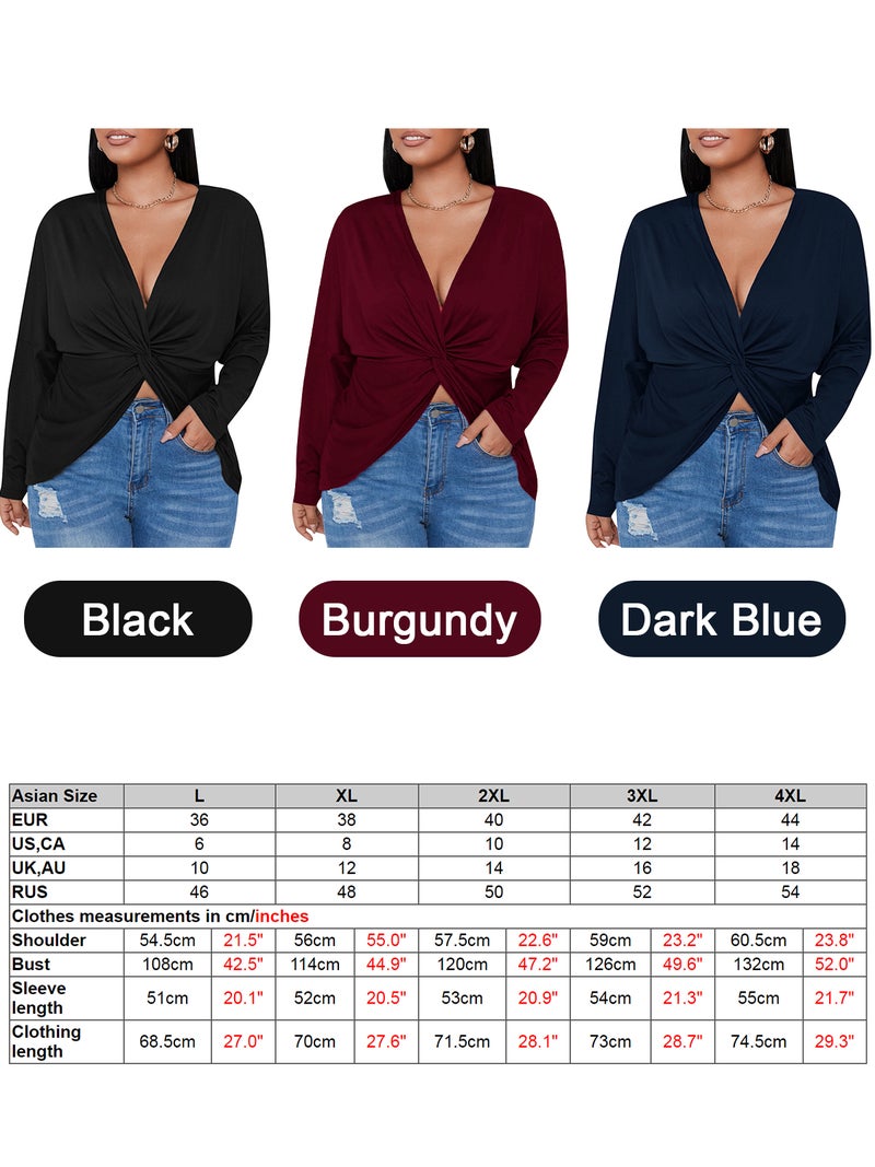 Women Long Sleeve T-shirt V Neck Twisted Irregular Plus Size Casual Tops - Image 2