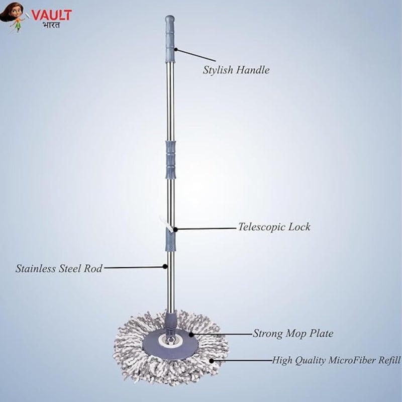 VAULT BHARAT Vault Bharat Premium mop Stick for Floor Cleaning 360 Degree Spin Mop Stick Rod with 1 Microfiber Refill Standing Magic Pocha with Easy Grip Handle for Floor Cleaning Grey Warranty 1 Year - Image 2