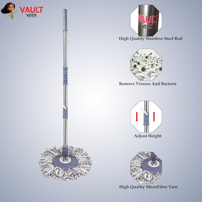 VAULT BHARAT Vault Bharat Premium mop Stick for Floor Cleaning 360 Degree Spin Mop Stick Rod with 1 Microfiber Refill Standing Magic Pocha with Easy Grip Handle for Floor Cleaning Grey Warranty 1 Year - Image 3