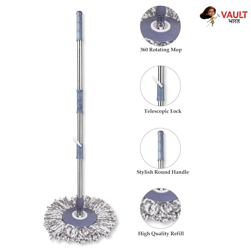 VAULT BHARAT Vault Bharat Premium mop Stick for Floor Cleaning 360 Degree Spin Mop Stick Rod with 1 Microfiber Refill Standing Magic Pocha with Easy Grip Handle for Floor Cleaning Grey Warranty 1 Year - Image 4