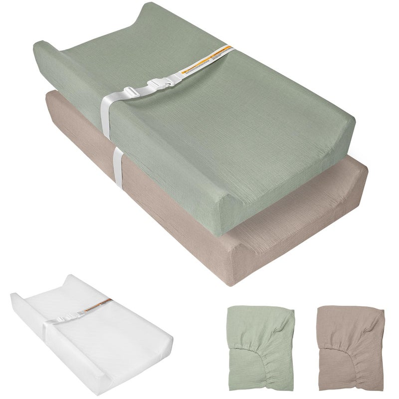 JVEOO Muslin Baby Changing Pad, 2 Pack Muslin Soft Cotton Covers & Waterproof Lining Foam Diaper Changing Table Pad 32" x 16.6" Mat for Dressers & Table - Image 1