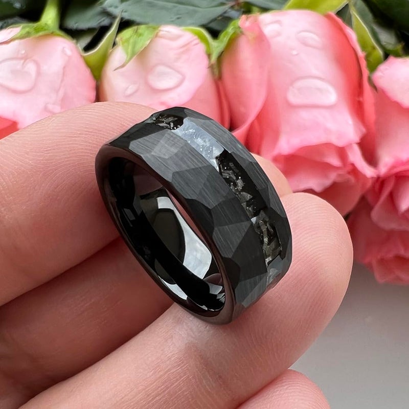 TUTISS 8mm Black Hammered Tungsten Rings for Men Women Genuine Meteorite Chip Inlay Fashion Jewelry Engagement Wedding Promise Band Matte Finish Comfort Fit Size 9 - Image 2
