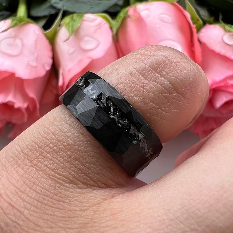 TUTISS 8mm Black Hammered Tungsten Rings for Men Women Genuine Meteorite Chip Inlay Fashion Jewelry Engagement Wedding Promise Band Matte Finish Comfort Fit Size 9 - Image 5
