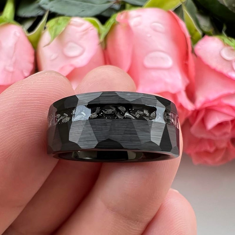TUTISS 8mm Black Hammered Tungsten Rings for Men Women Genuine Meteorite Chip Inlay Fashion Jewelry Engagement Wedding Promise Band Matte Finish Comfort Fit Size 9 - Image 3