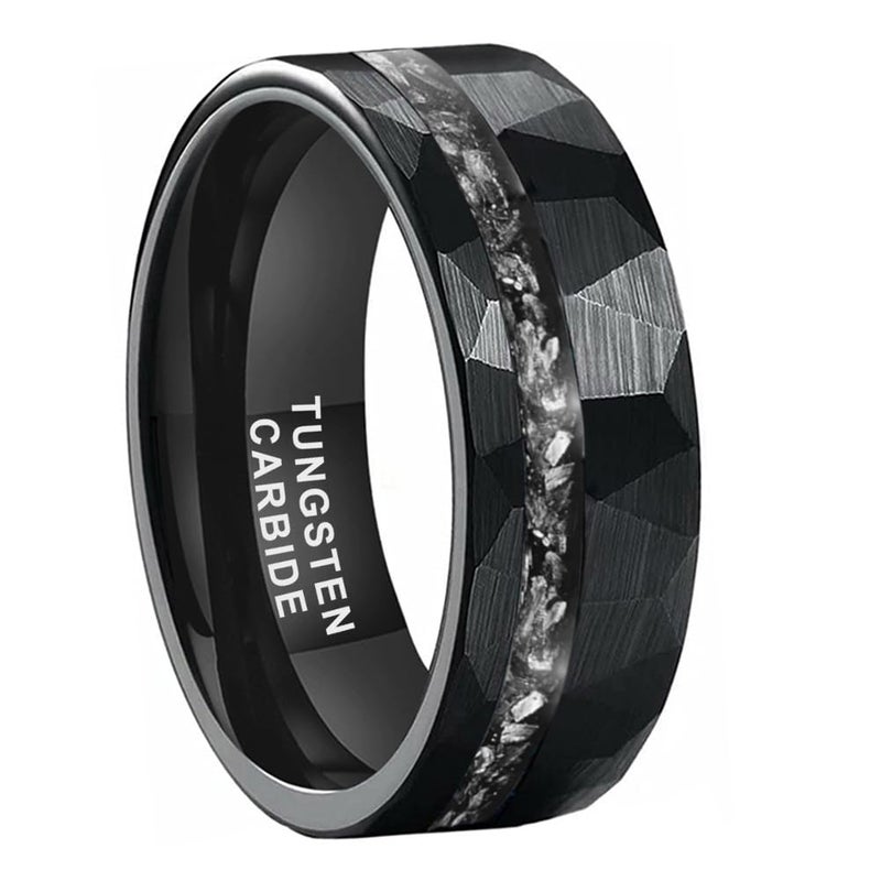 TUTISS 8mm Black Hammered Tungsten Rings for Men Women Genuine Meteorite Chip Inlay Fashion Jewelry Engagement Wedding Promise Band Matte Finish Comfort Fit Size 9 - Image 1