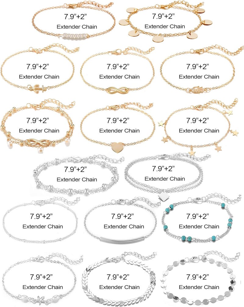 Softones 16Pcs Ankle Bracelets for Women Gold Silver Two Style Chain Beach Anklet Bracelet Jewelry Anklet Set,Adjustable Size - Image 5