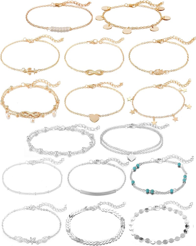 Softones 16Pcs Ankle Bracelets for Women Gold Silver Two Style Chain Beach Anklet Bracelet Jewelry Anklet Set,Adjustable Size - Image 1