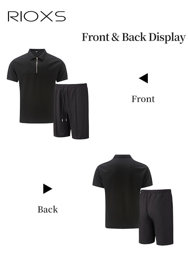 RIOXS Men's Outfits Set, 2 Piece Casual Tracksuit, 1/4 Metal Zipper Polo Shirt And Shorts, Knit Short Sleeve T Shirt And Drawstring Shorts with Side Pockets, Fashion Set for Work or Daily Wear, Golf Course Outfits, Black Leisure Clothings for Men  - Image 2
