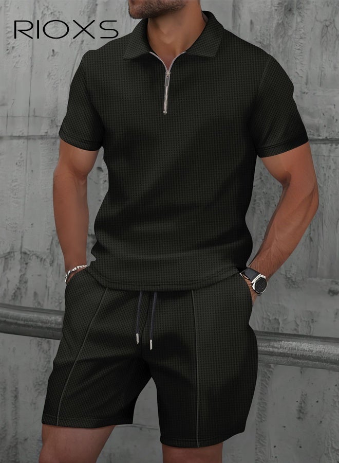 RIOXS Men's Outfits Set, 2 Piece Casual Tracksuit, 1/4 Metal Zipper Polo Shirt And Shorts, Knit Short Sleeve T Shirt And Drawstring Shorts with Side Pockets, Fashion Set for Work or Daily Wear, Golf Course Outfits, Black Leisure Clothings for Men  - Image 1