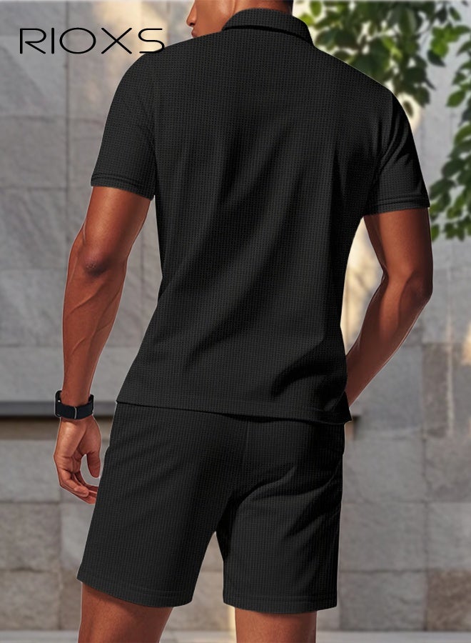 RIOXS Men's Outfits Set, 2 Piece Casual Tracksuit, 1/4 Metal Zipper Polo Shirt And Shorts, Knit Short Sleeve T Shirt And Drawstring Shorts with Side Pockets, Fashion Set for Work or Daily Wear, Golf Course Outfits, Black Leisure Clothings for Men  - Image 5