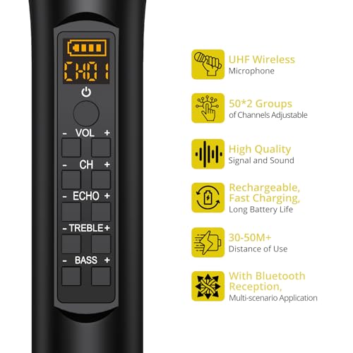 PROZOR UHF Wireless Microphone with Volume Treble Bass Echo Control, Wireless Rechargeable Mic Dual Handheld Dynamic Mic System with Rechargeable Receiver, for Karaoke Machines, DJ, Church, Weddings - Image 2