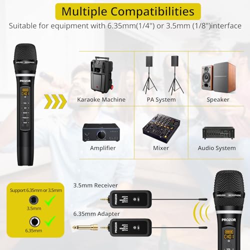 PROZOR UHF Wireless Microphone with Volume Treble Bass Echo Control, Wireless Rechargeable Mic Dual Handheld Dynamic Mic System with Rechargeable Receiver, for Karaoke Machines, DJ, Church, Weddings - Image 3