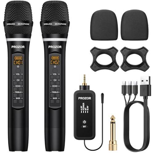 PROZOR UHF Wireless Microphone with Volume Treble Bass Echo Control, Wireless Rechargeable Mic Dual Handheld Dynamic Mic System with Rechargeable Receiver, for Karaoke Machines, DJ, Church, Weddings - Image 1