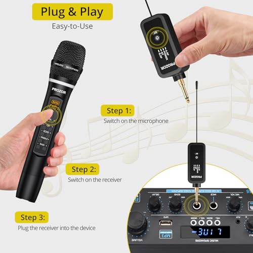 PROZOR UHF Wireless Microphone with Volume Treble Bass Echo Control, Wireless Rechargeable Mic Dual Handheld Dynamic Mic System with Rechargeable Receiver, for Karaoke Machines, DJ, Church, Weddings - Image 4