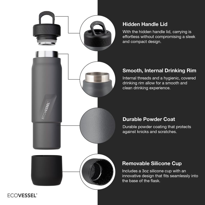 EcoVessel Stainless Steel Flask with Removable Shot Cup, Vacuum Insulated Bottle for Hot and Cold Drinks, Thermos with Folding Handle for Travel and Camping, 8oz (Orange) - Image 4