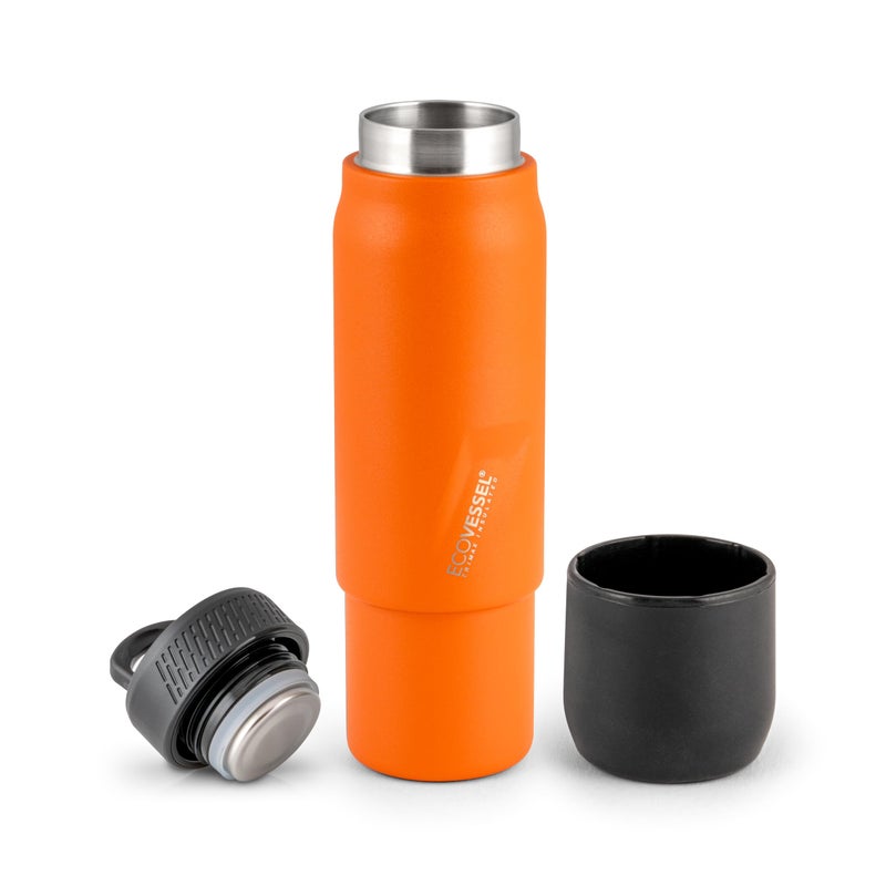 EcoVessel Stainless Steel Flask with Removable Shot Cup, Vacuum Insulated Bottle for Hot and Cold Drinks, Thermos with Folding Handle for Travel and Camping, 8oz (Orange) - Image 1