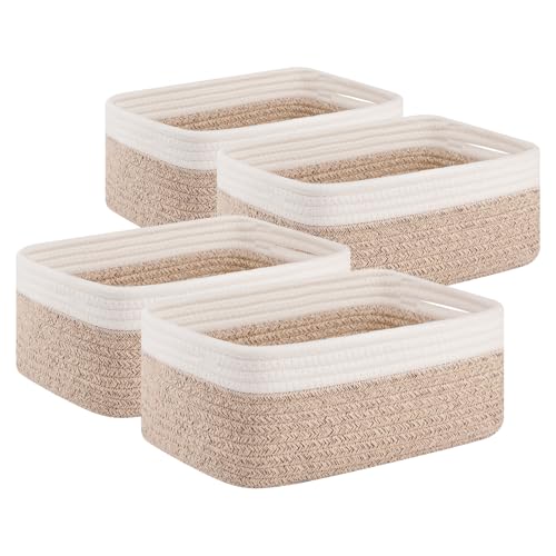 OIAHOMY 4 Pack Storage Baskets for Organizing, Small Bins for Shelves, Cute Decorative Storage Bins, Organizer Baskets for Gifts Empty, 11.8''Lx7.8''Wx4.7''H, Brown/White - Image 1