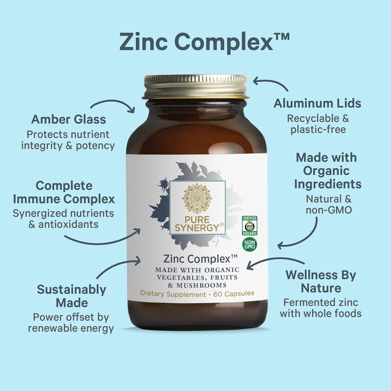 Pure Synergy مكمل زنك مركب بيو-سينرجي لدعم المناعة - زنك نباتي طبيعي مع فيتامين C وأطعمة عضوية كاملة لصحة المناعة والدماغ والبشرة 60 كبسولة - Image 3