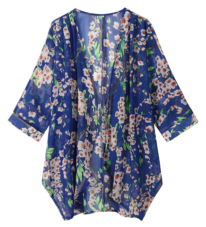 olrain Women's Floral Print Sheer Chiffon 3/4 Bat Sleeve Casual Loose Kimono Cardigan Capes (Medium, Blue) - Image 2