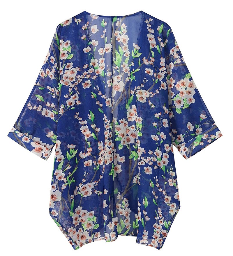 olrain Women's Floral Print Sheer Chiffon 3/4 Bat Sleeve Casual Loose Kimono Cardigan Capes (Medium, Blue) - Image 3