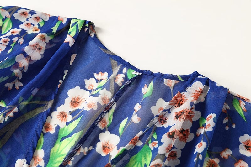 olrain Women's Floral Print Sheer Chiffon 3/4 Bat Sleeve Casual Loose Kimono Cardigan Capes (Medium, Blue) - Image 4
