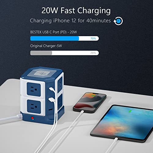 BESTEK PD 20W USB C Power Strip with Wireless Charger BESTEK 8-Outlet Surge Protector and 30W 3-Port USB Charging Dock Station,4000 Joules,ETL Listed,Dorm Room Accessories (8AC+3USB+Wireless Charger-Blue) - Image 4
