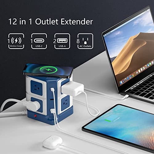 BESTEK PD 20W USB C Power Strip with Wireless Charger BESTEK 8-Outlet Surge Protector and 30W 3-Port USB Charging Dock Station,4000 Joules,ETL Listed,Dorm Room Accessories (8AC+3USB+Wireless Charger-Blue) - Image 2