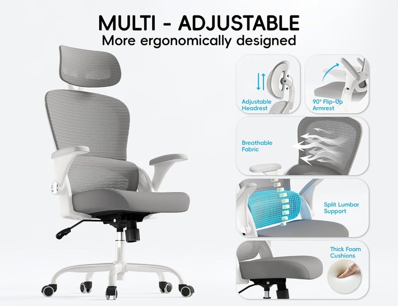 TRALT Office Chair - Ergonomic Office Chair with Back Support, Computer Chair - Home Office Desk Chairs, 330lbs Wide Seat Big and Tall Office Chairs with Headrest, Comfy Desk Chairs (White Grey) - Image 5