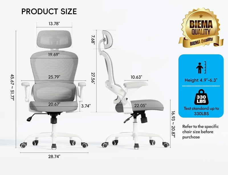 TRALT Office Chair - Ergonomic Office Chair with Back Support, Computer Chair - Home Office Desk Chairs, 330lbs Wide Seat Big and Tall Office Chairs with Headrest, Comfy Desk Chairs (White Grey) - Image 2