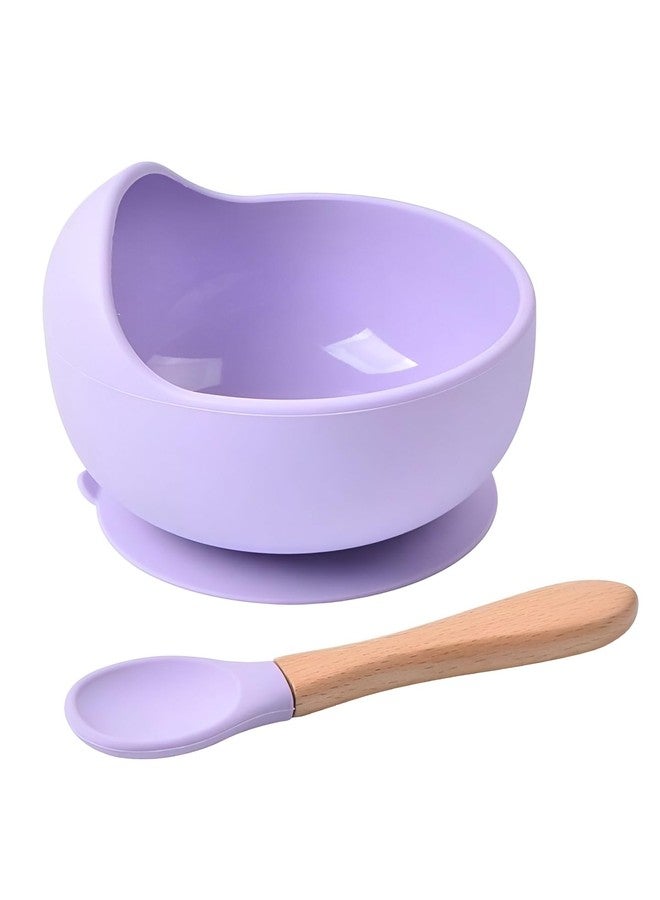 NOWFLY Silicone Suction Bowl & Wooden Handle Spoon | BPA-Free, Unbreakable, Microwave Safe | Baby Feeding Set for Toddlers | Non-Slip, Easy to Clean | 2 Piece Portable Mealtime Kit (Purple) - Image 1